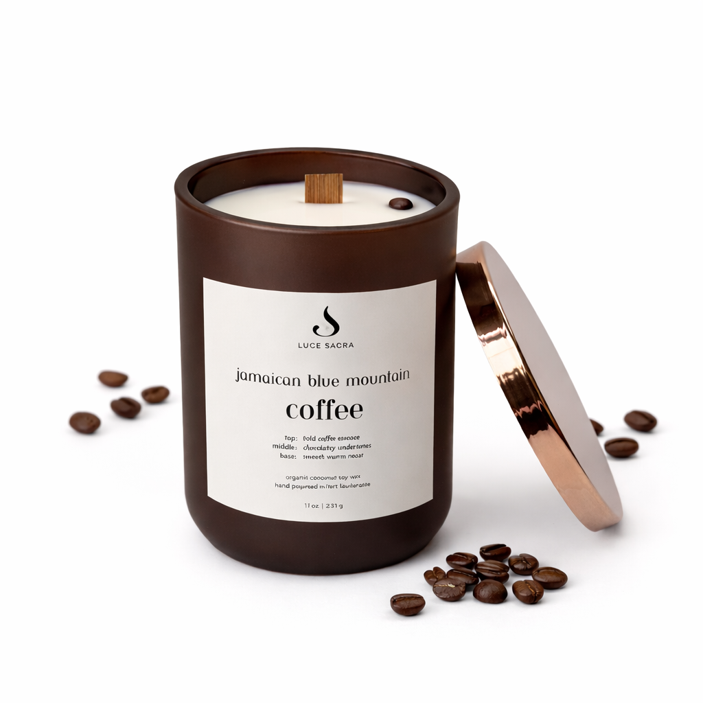 Jamaican Blue Mountain coffee candle with coffee beans and dark chocolate