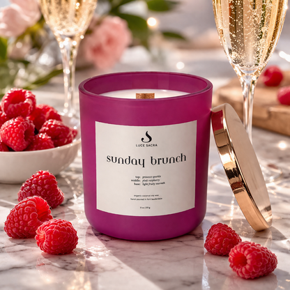 Fuscia candle labeled 'Sunday Brunch' with raspberries and champagne glasses on a marble surface.